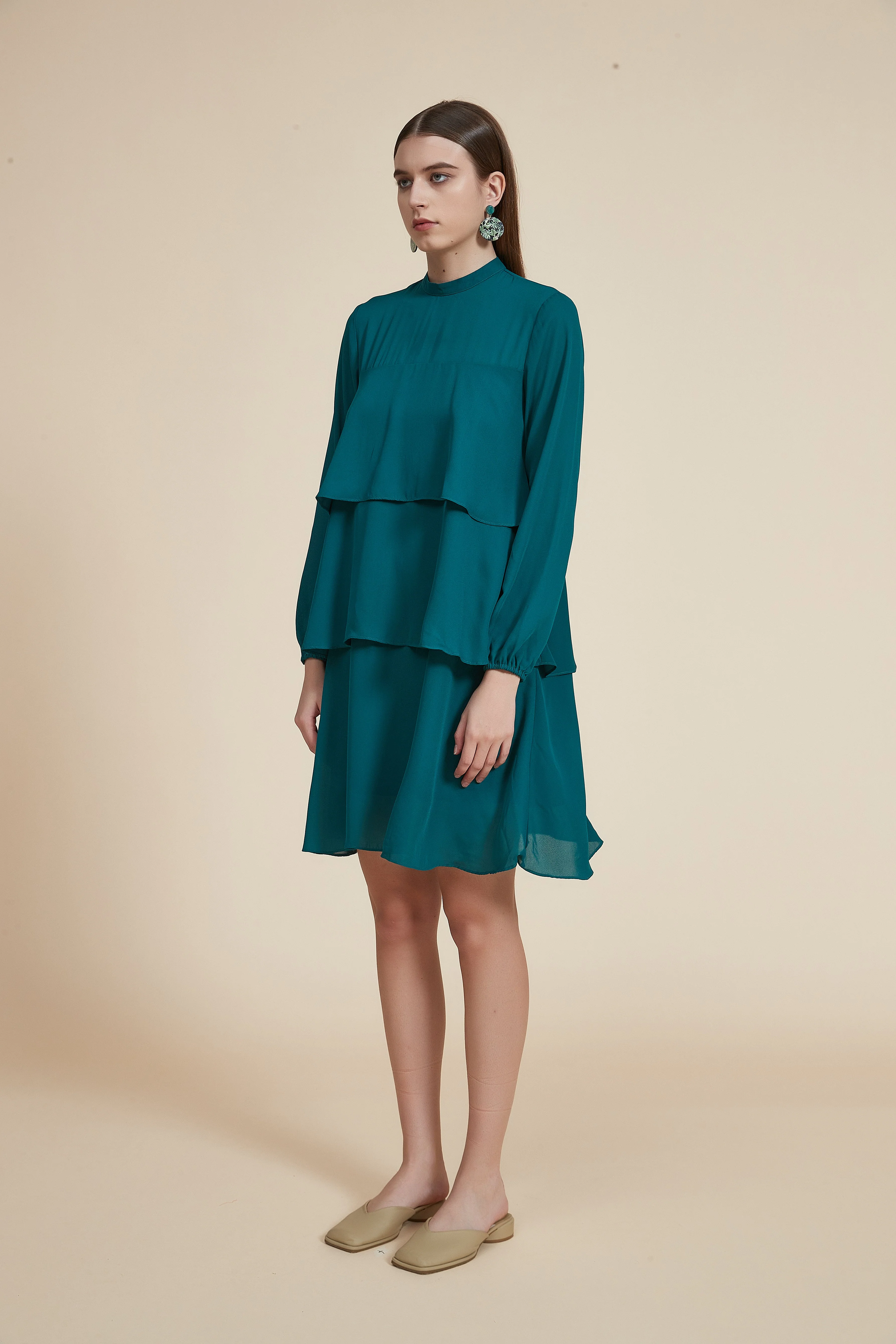 Plain Long Sleeve Layered Short Dress - Image 6