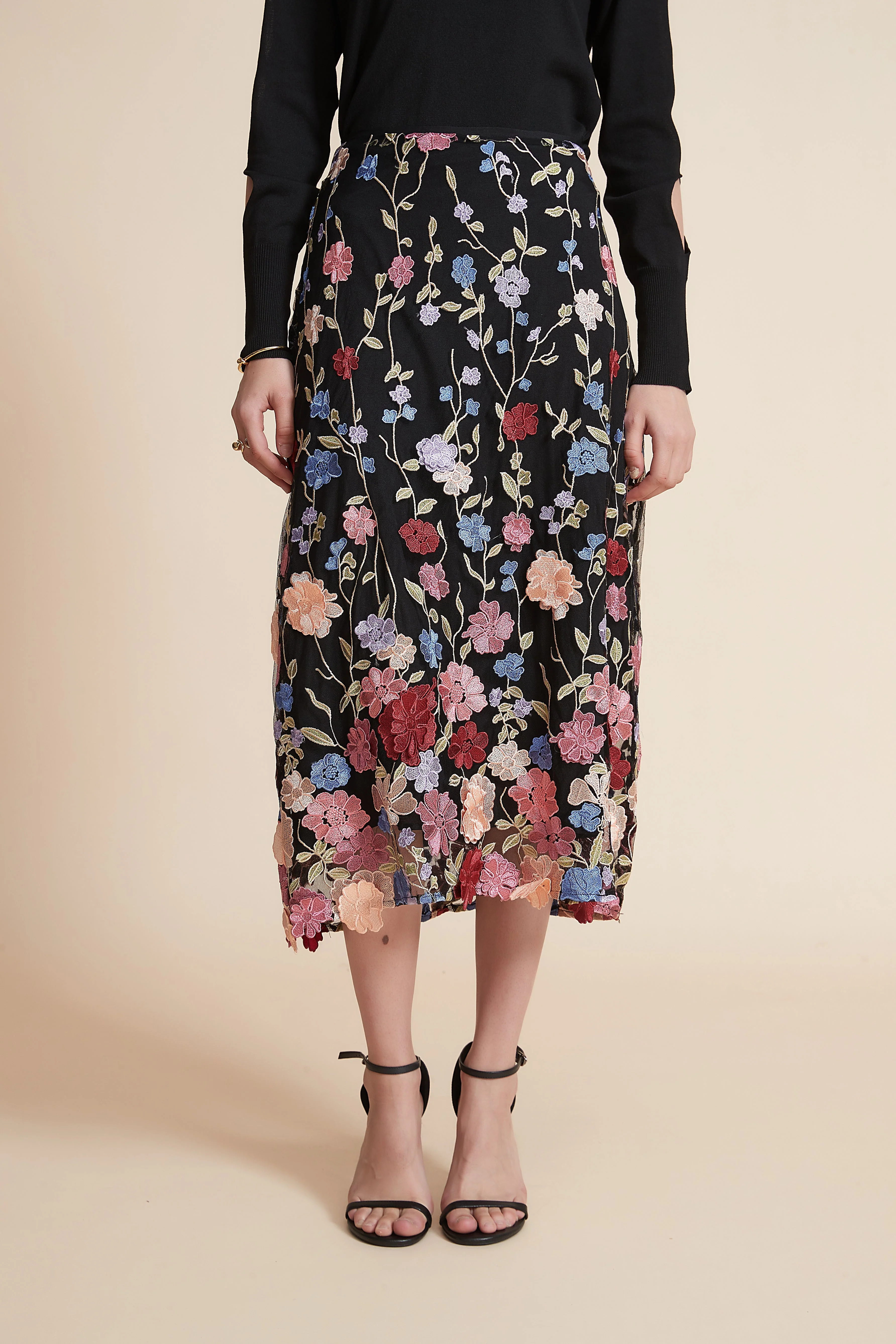 Embroidered Midi Skirt with Flowers