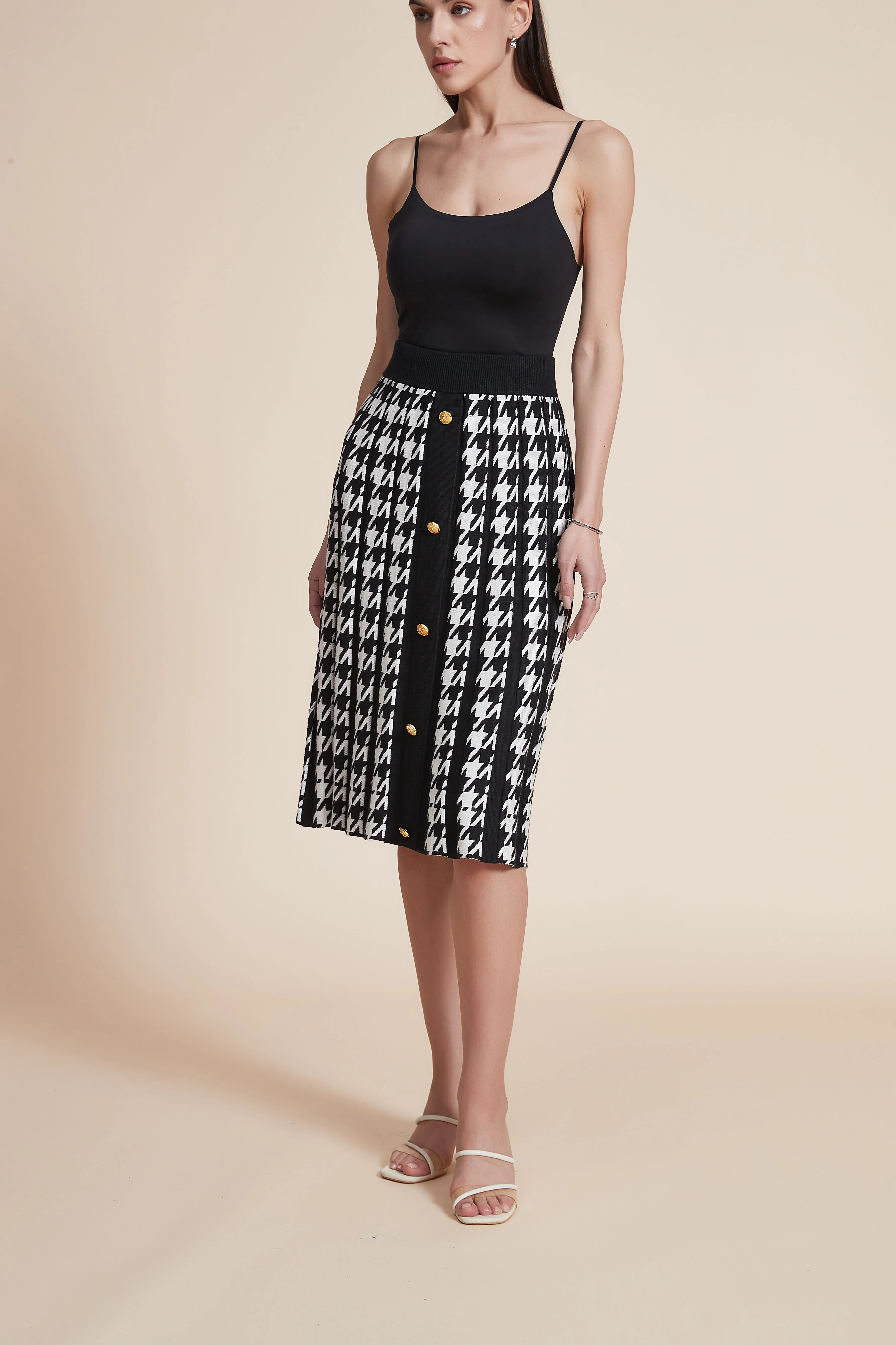 Knee-Length Pleated Skirt with Front Buttons