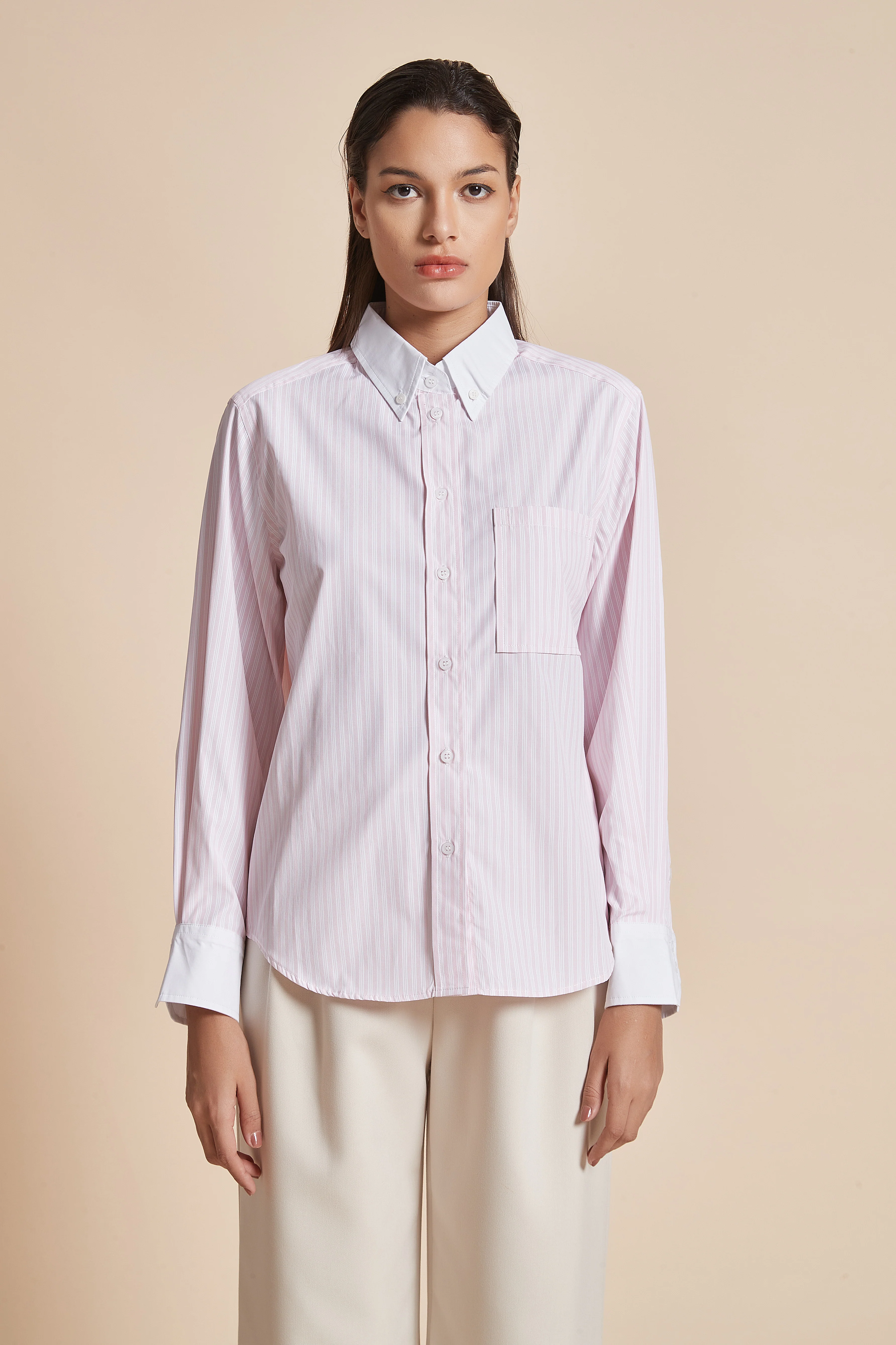 Women'S Blouse With Long Sleeves, Shirt Collar, And Vertical Stripes