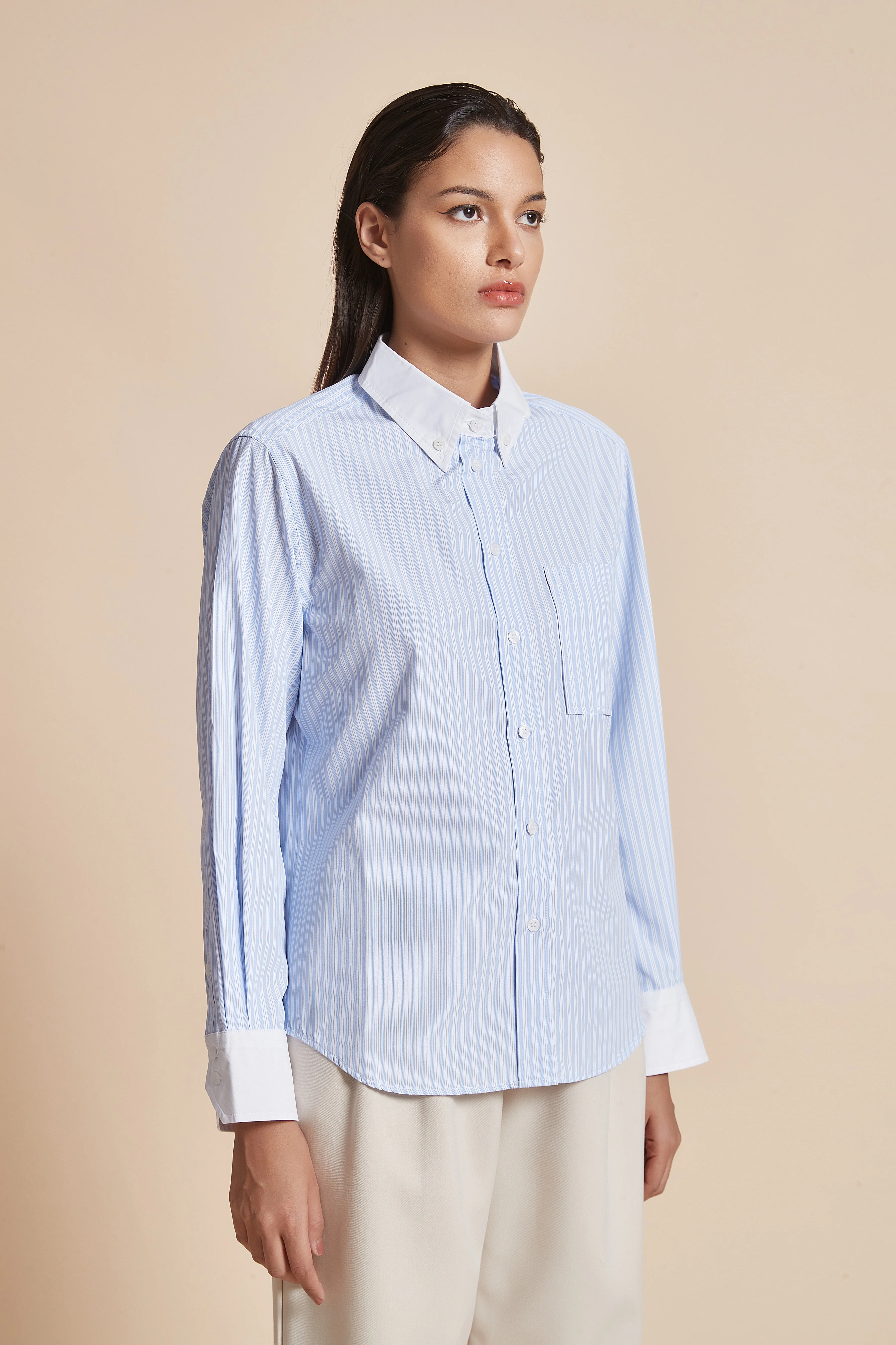Women'S Blouse With Long Sleeves, Shirt Collar, And Vertical Stripes - Image 10