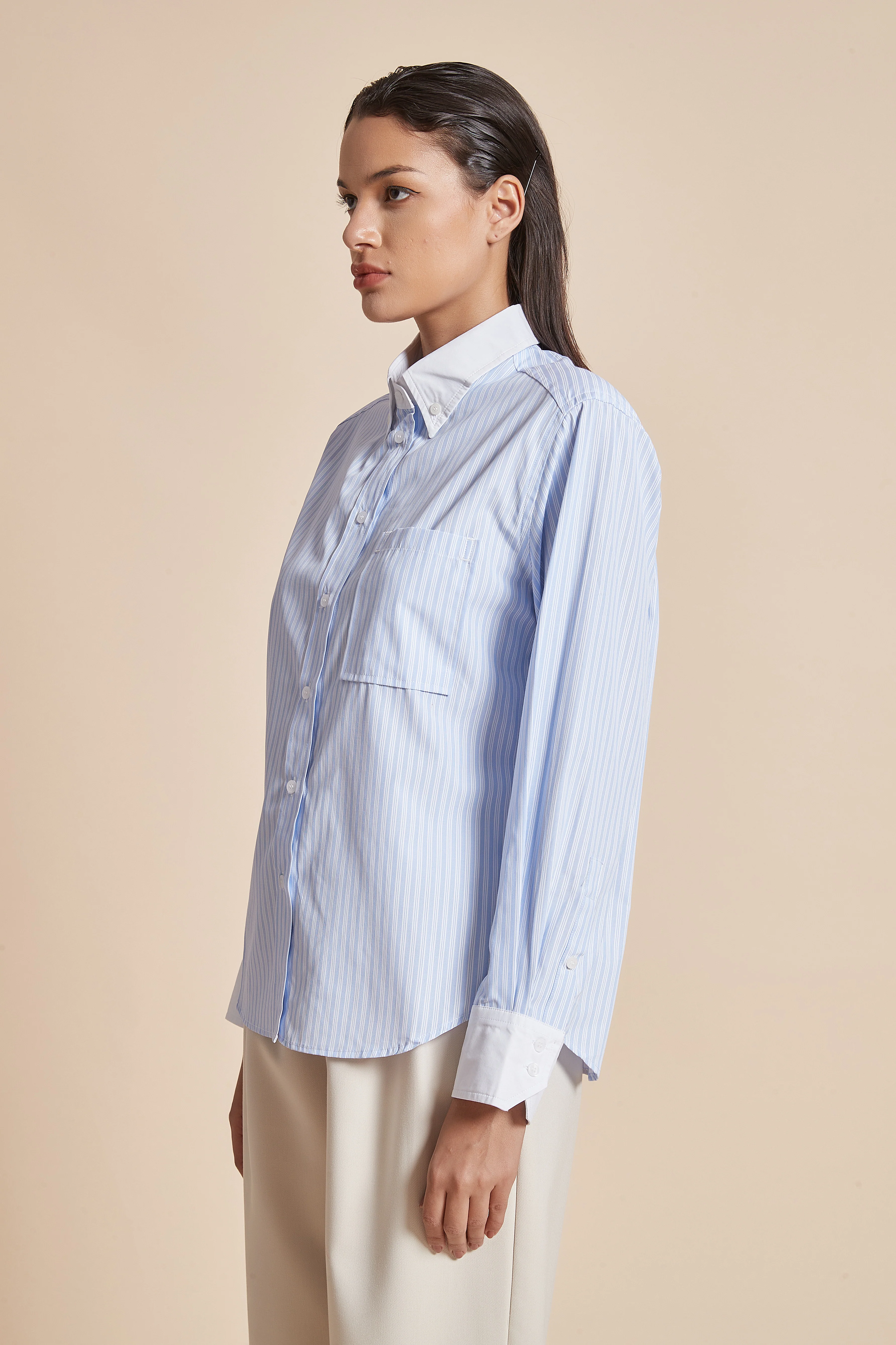 Women'S Blouse With Long Sleeves, Shirt Collar, And Vertical Stripes - Image 11