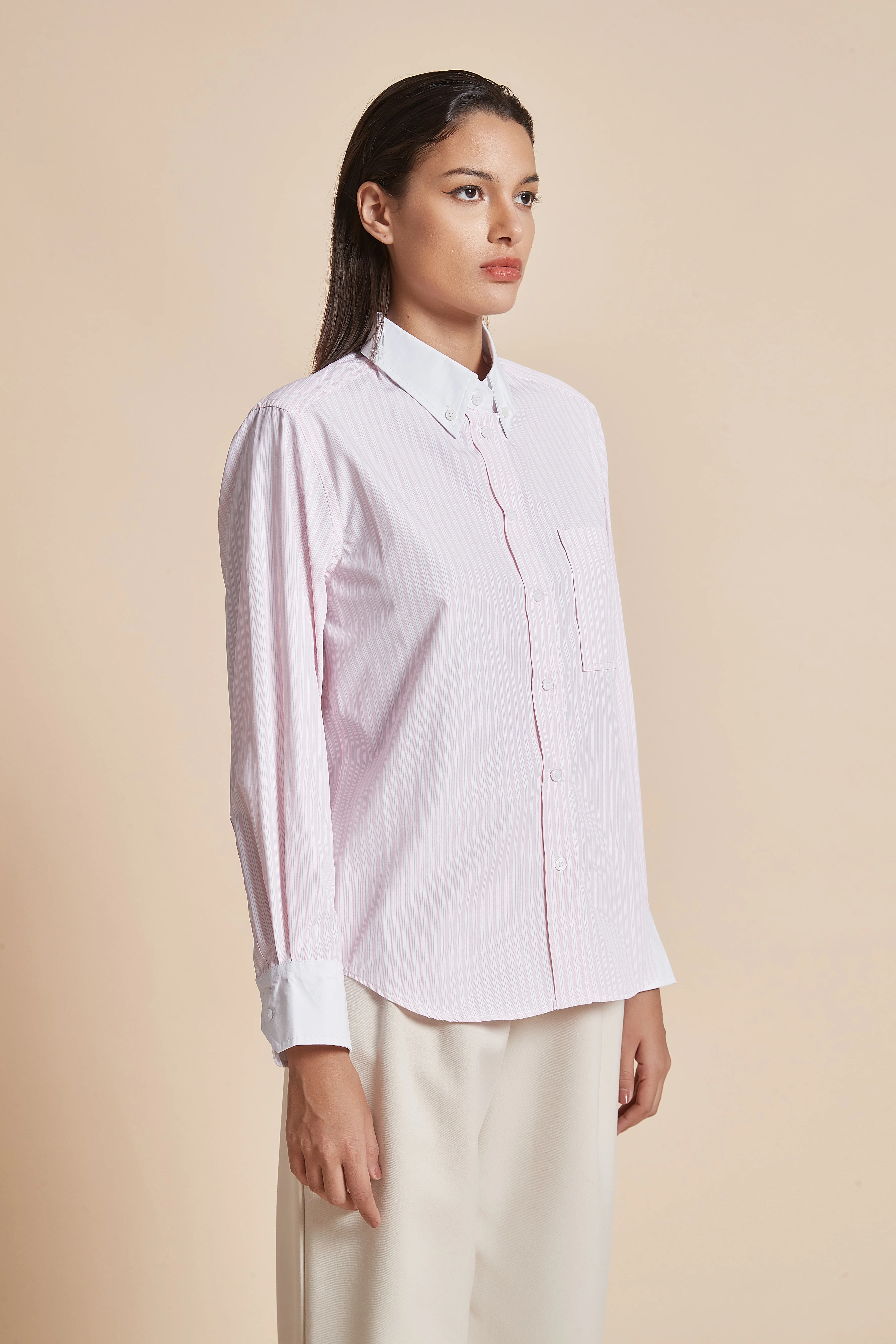 Women'S Blouse With Long Sleeves, Shirt Collar, And Vertical Stripes - Image 5