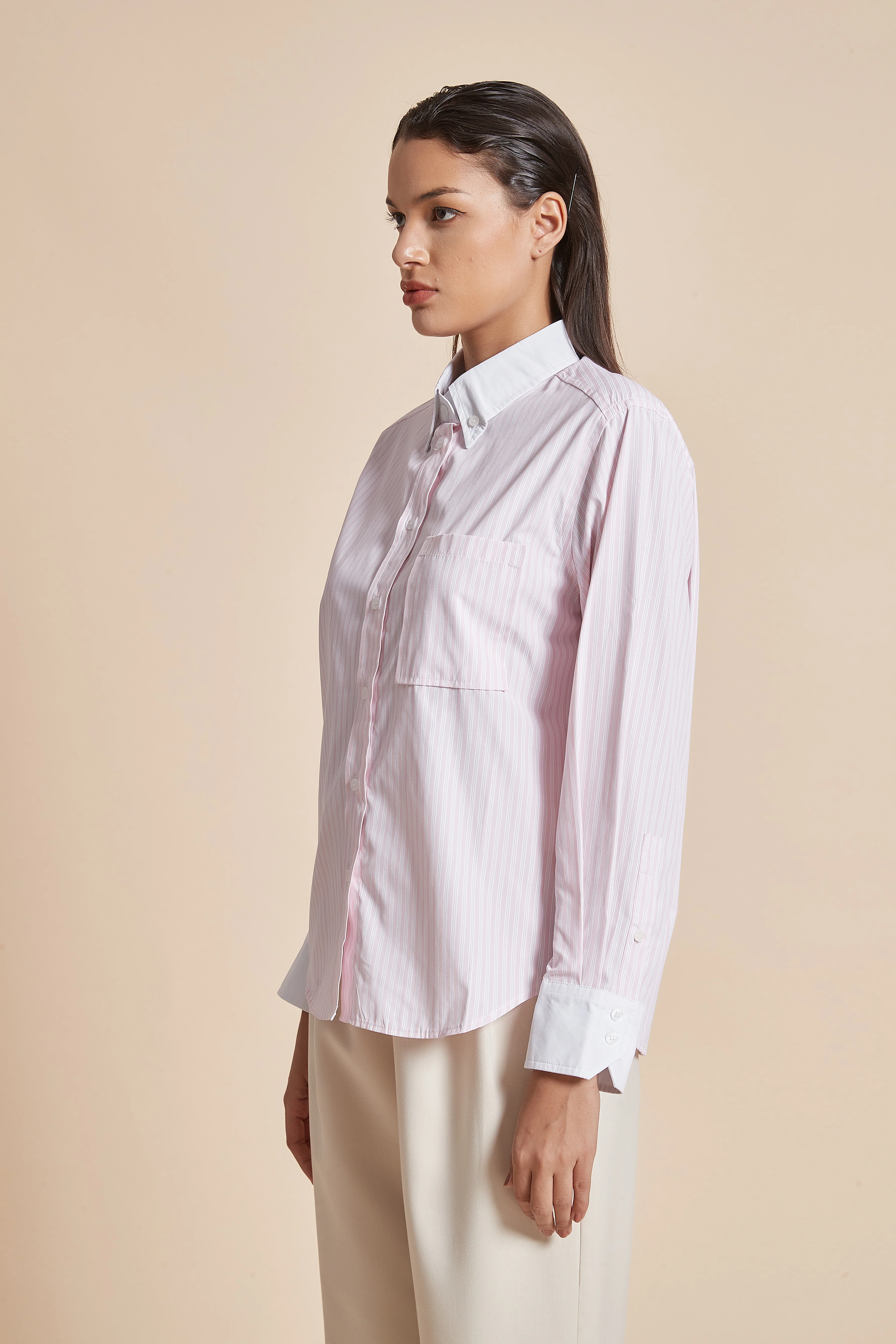 Women'S Blouse With Long Sleeves, Shirt Collar, And Vertical Stripes - Image 7
