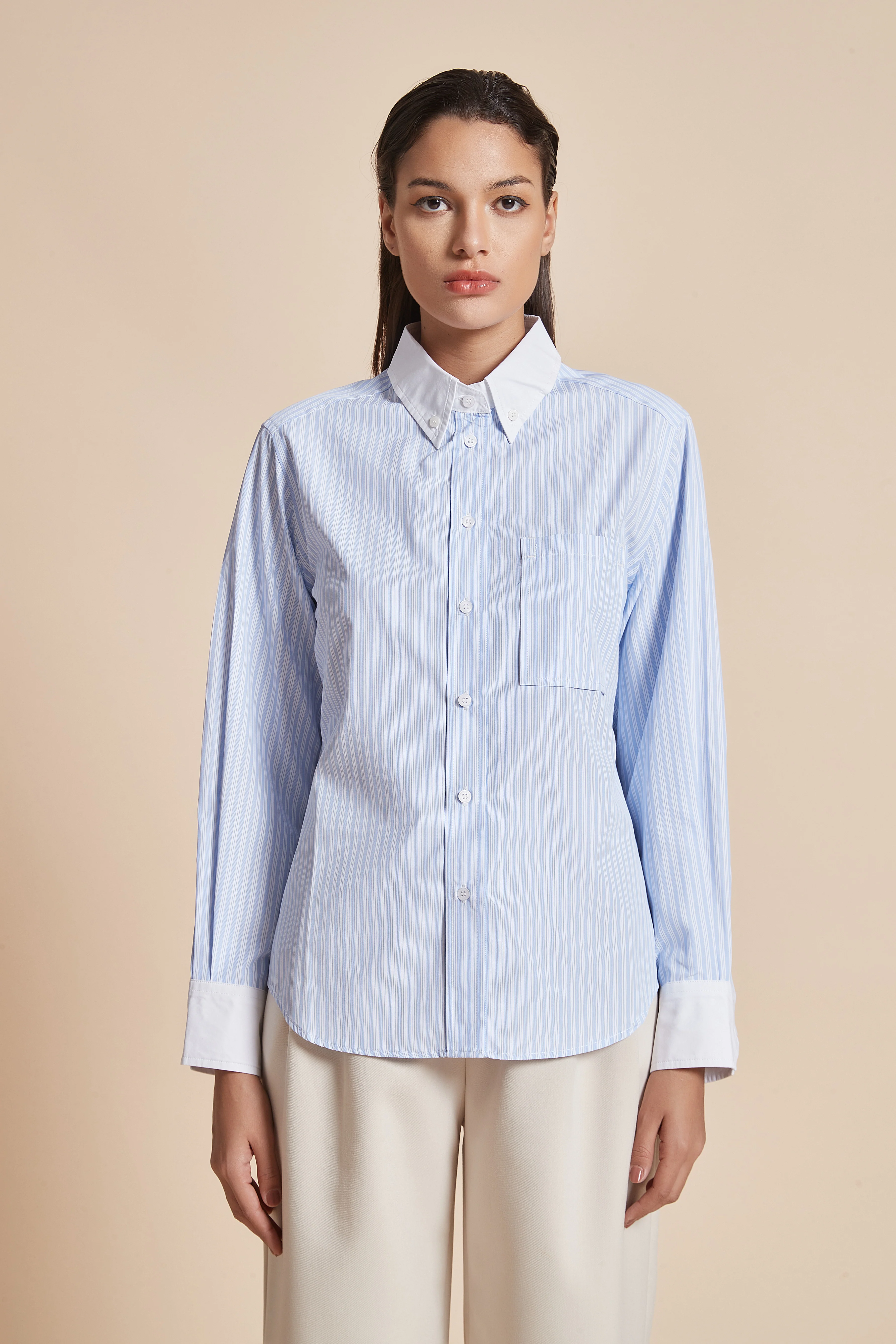 Women'S Blouse With Long Sleeves, Shirt Collar, And Vertical Stripes - Image 8