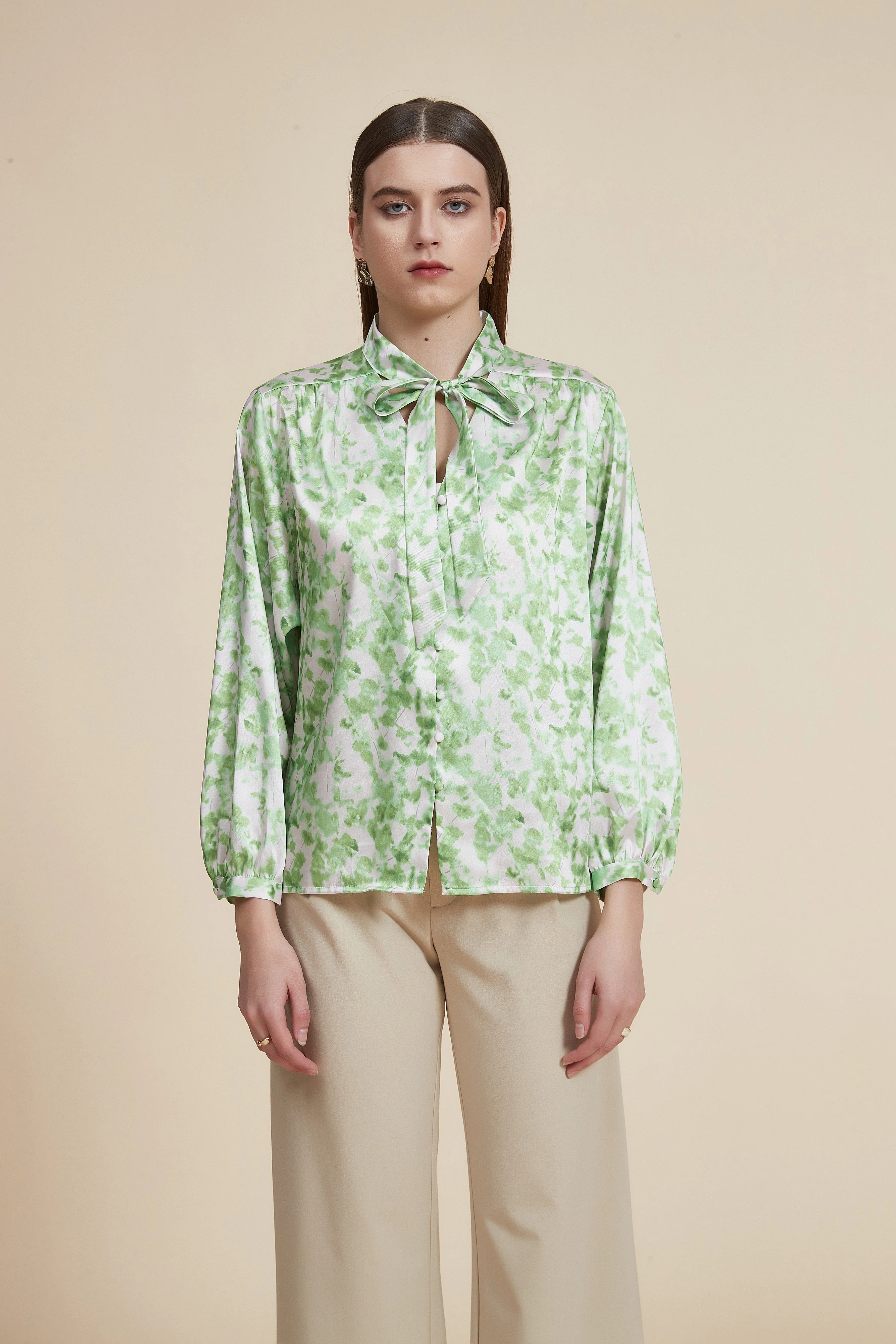 Floral Blouse with Bow Tie and Long Sleeves - Image 2