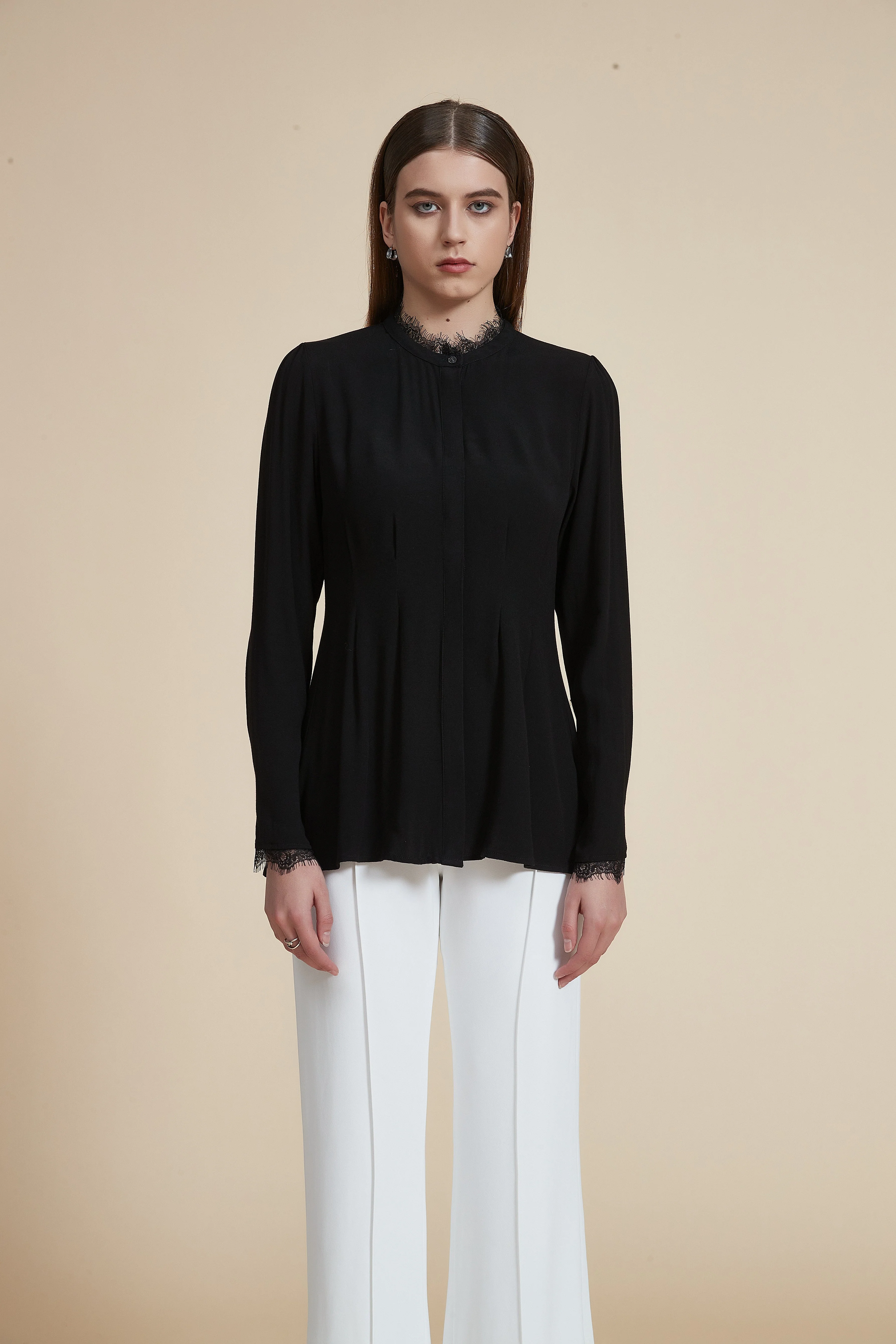 Solid Long Sleeve Ruffled Hip-Length Blouse - Image 2