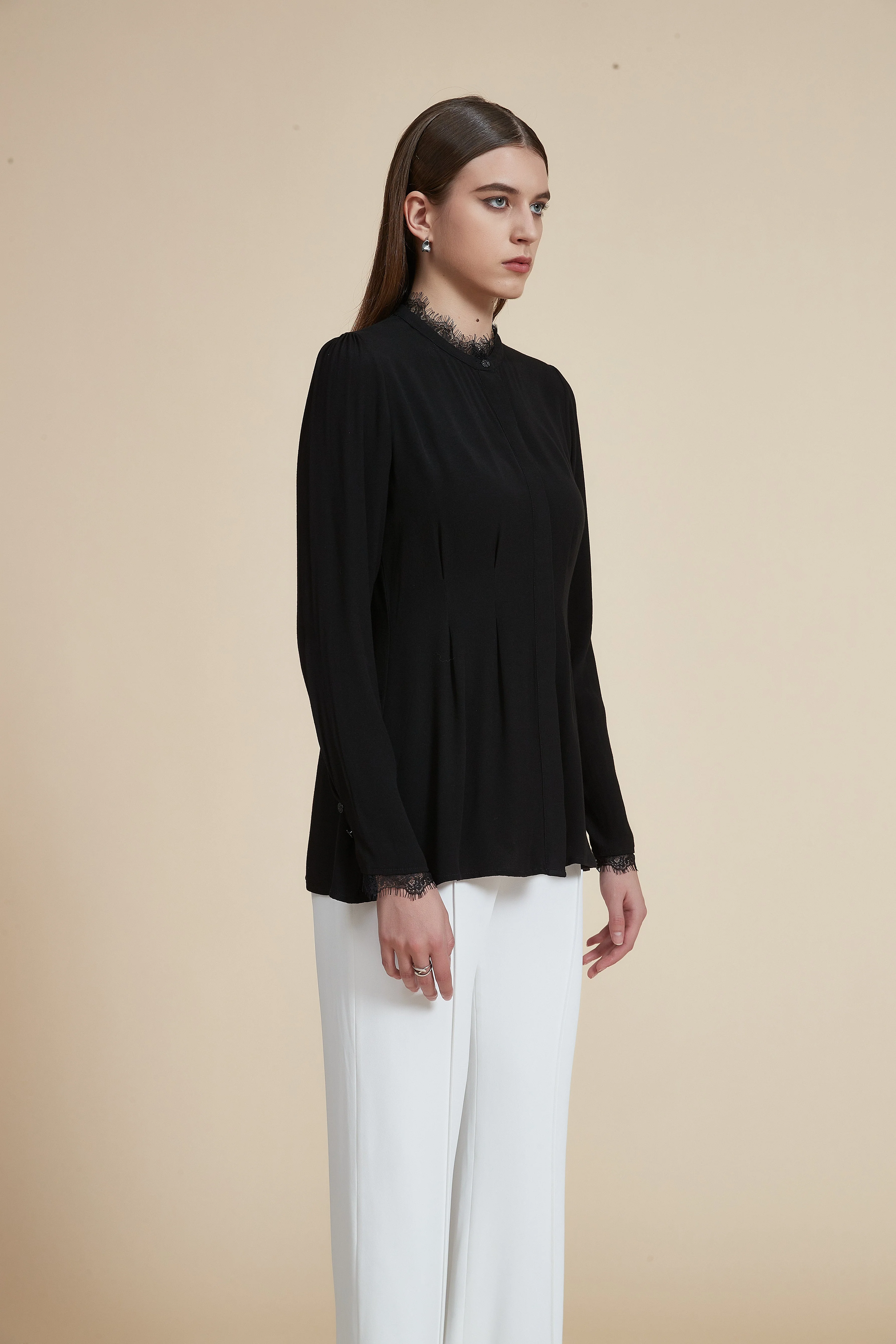 Solid Long Sleeve Ruffled Hip-Length Blouse - Image 5