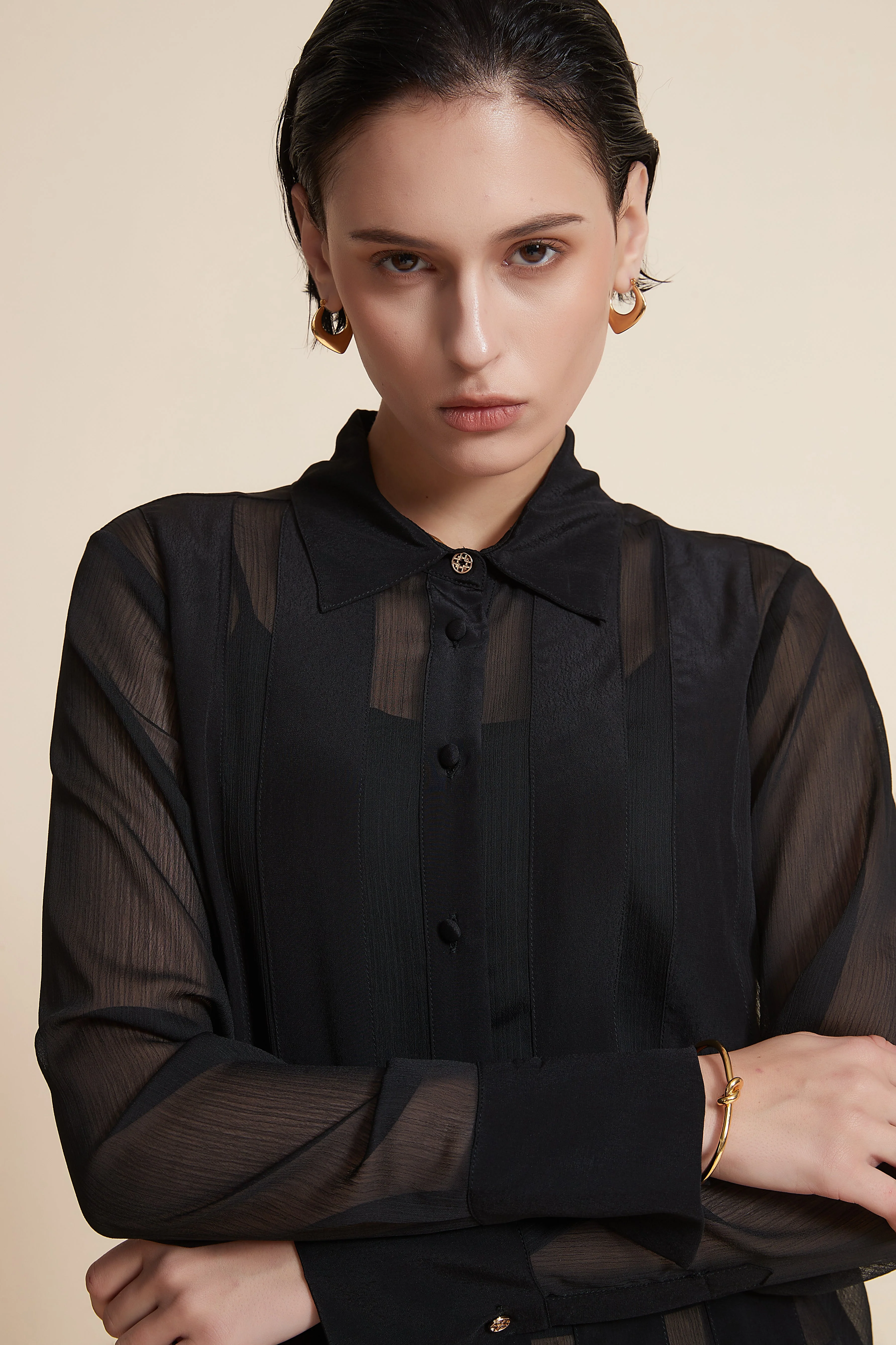 Striped Long Sleeve Blouse with Shirt Collar - Image 3
