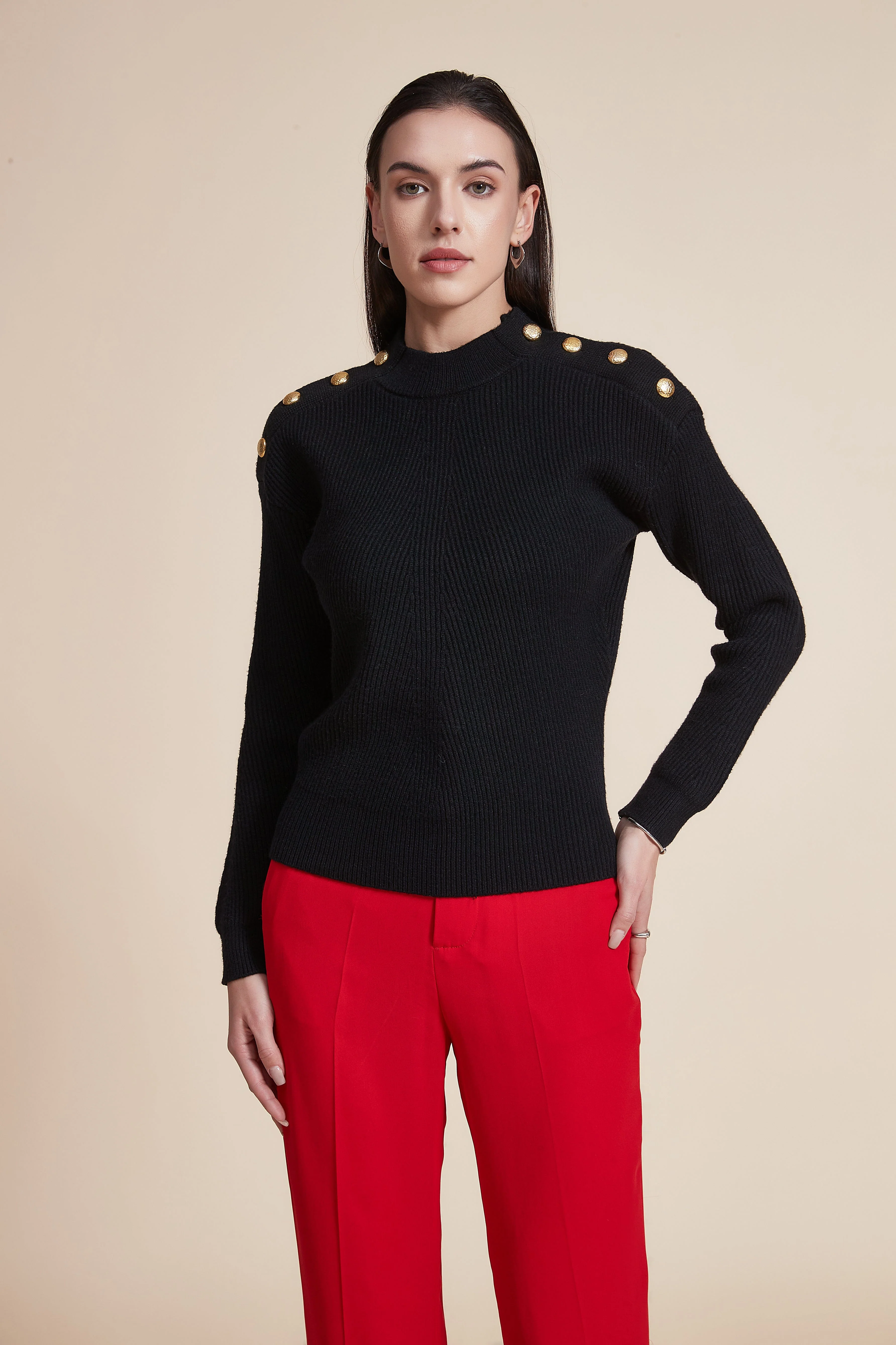 Ribbed Long Sleeve High Neck Blouse