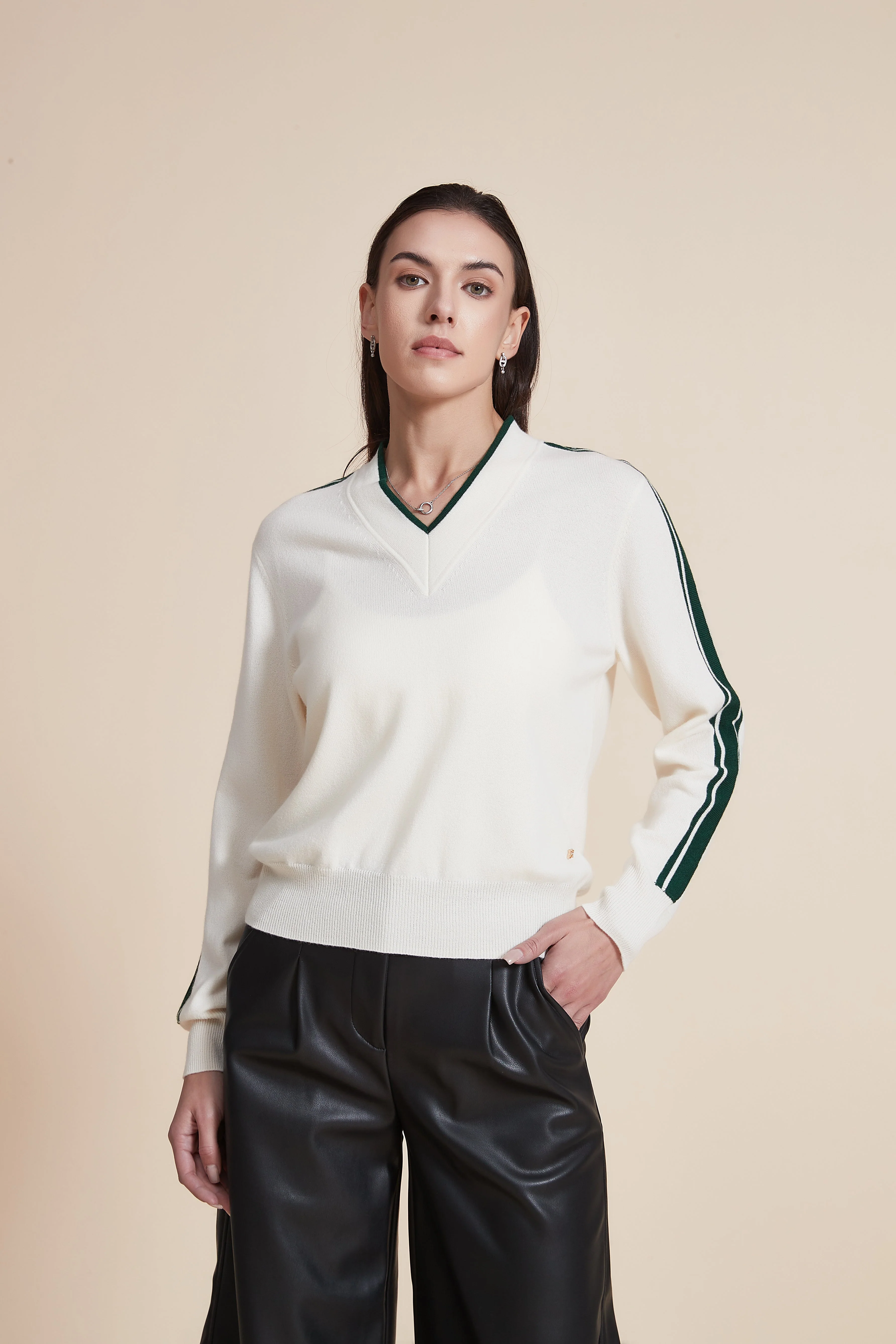 V-Neck Solid Sweater with Stripes on Sleeves