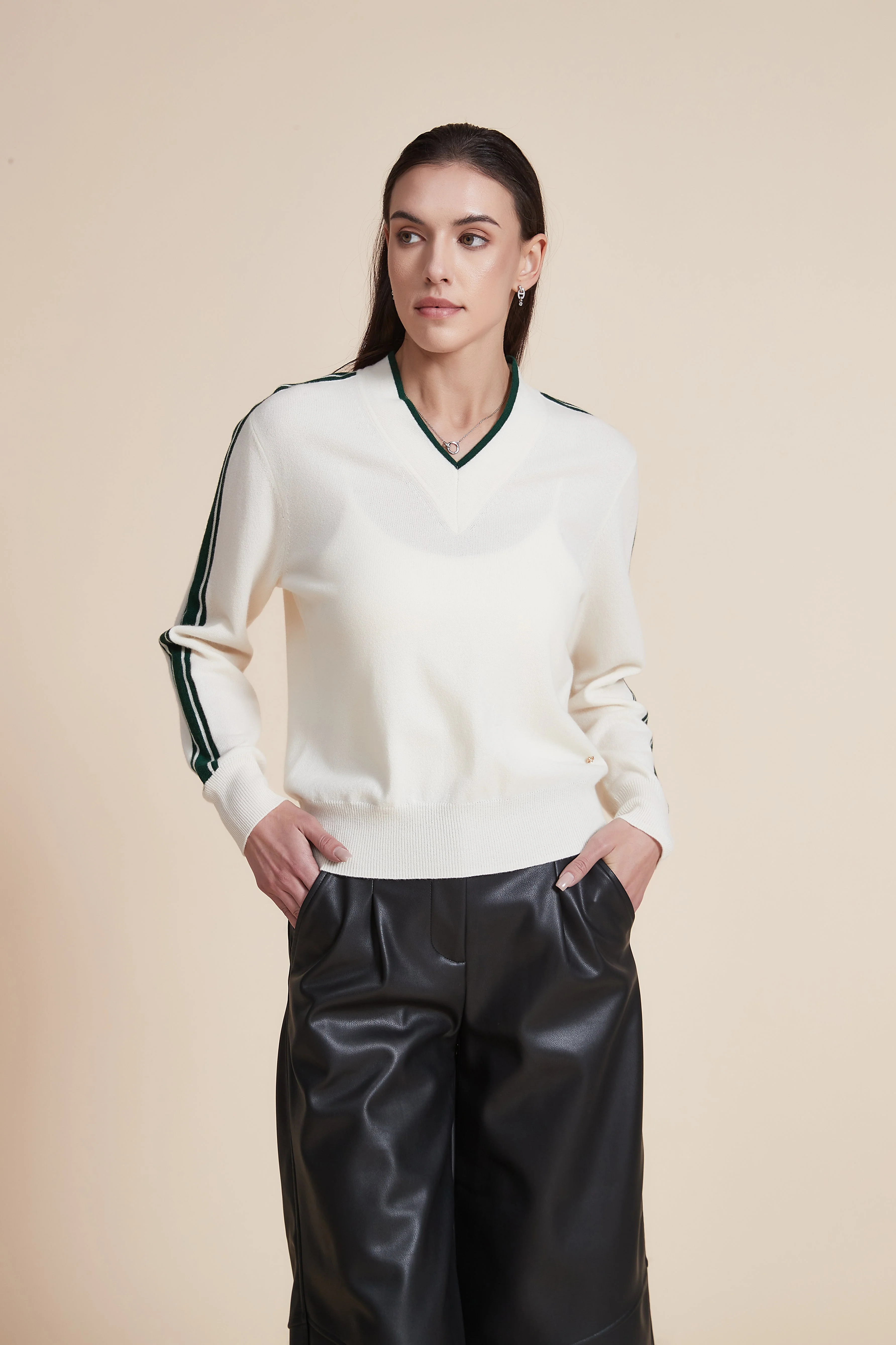 V-Neck Solid Sweater with Stripes on Sleeves - Image 2