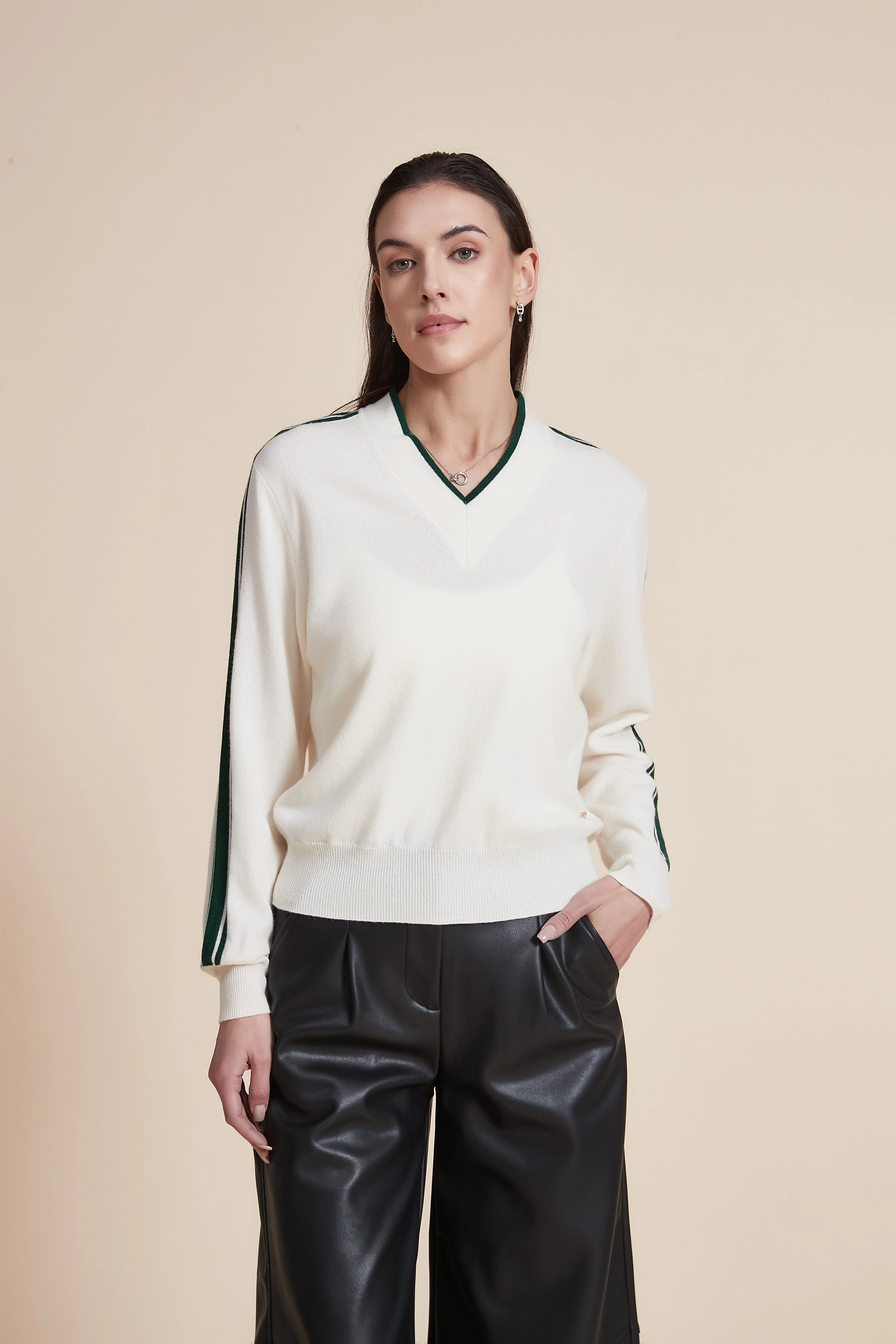 V-Neck Solid Sweater with Stripes on Sleeves - Image 3
