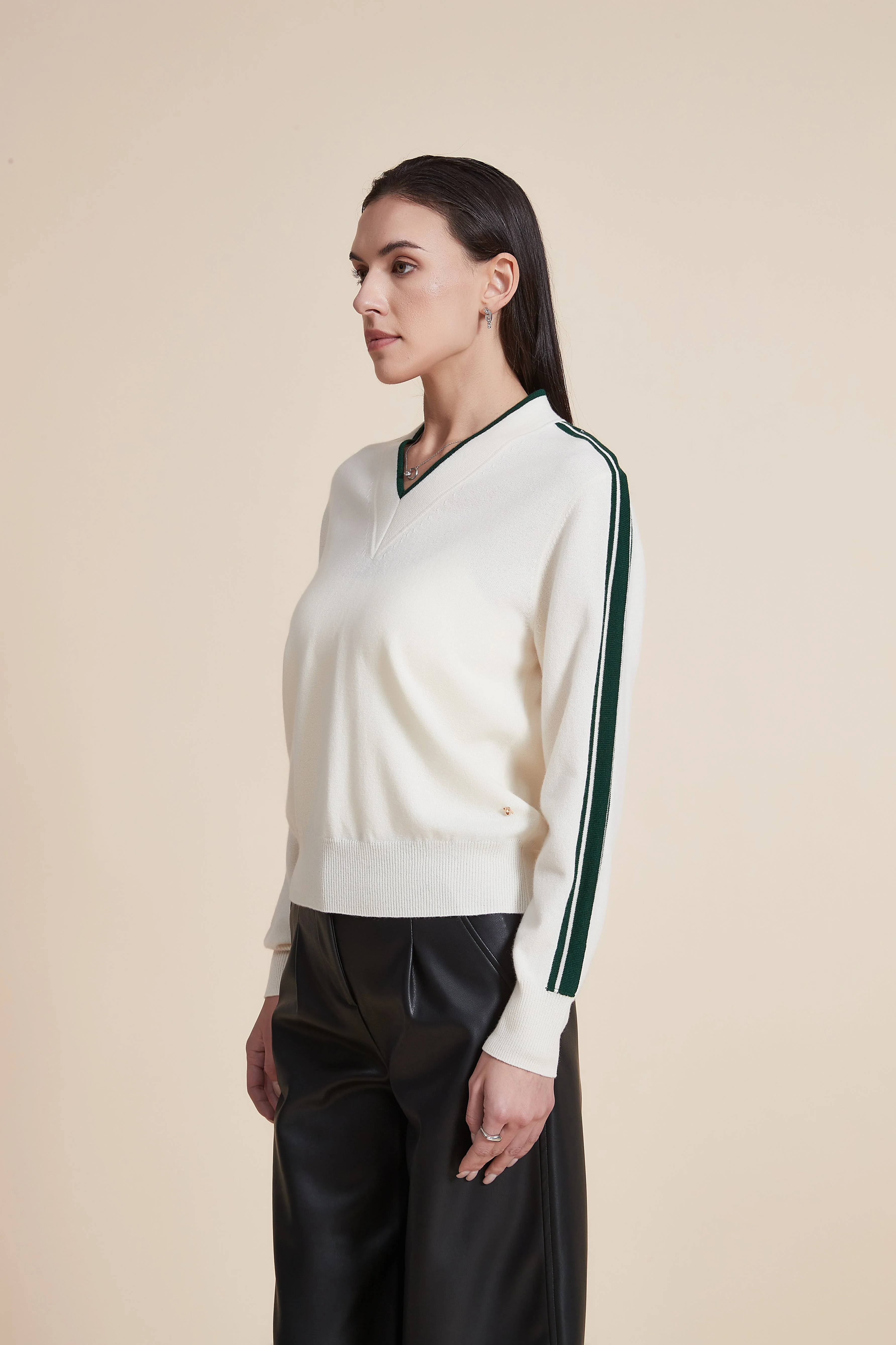 V-Neck Solid Sweater with Stripes on Sleeves - Image 4