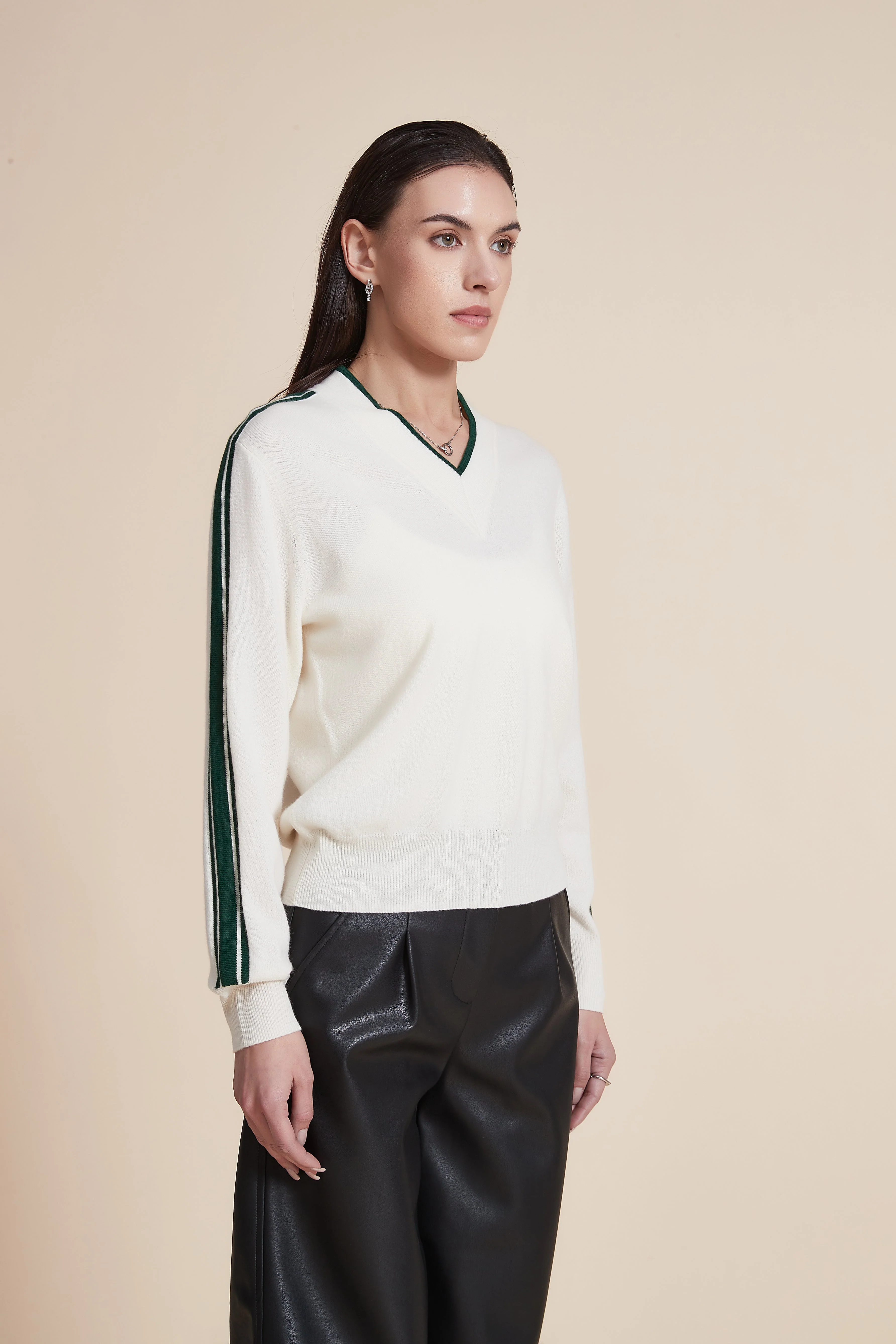 V-Neck Solid Sweater with Stripes on Sleeves - Image 5
