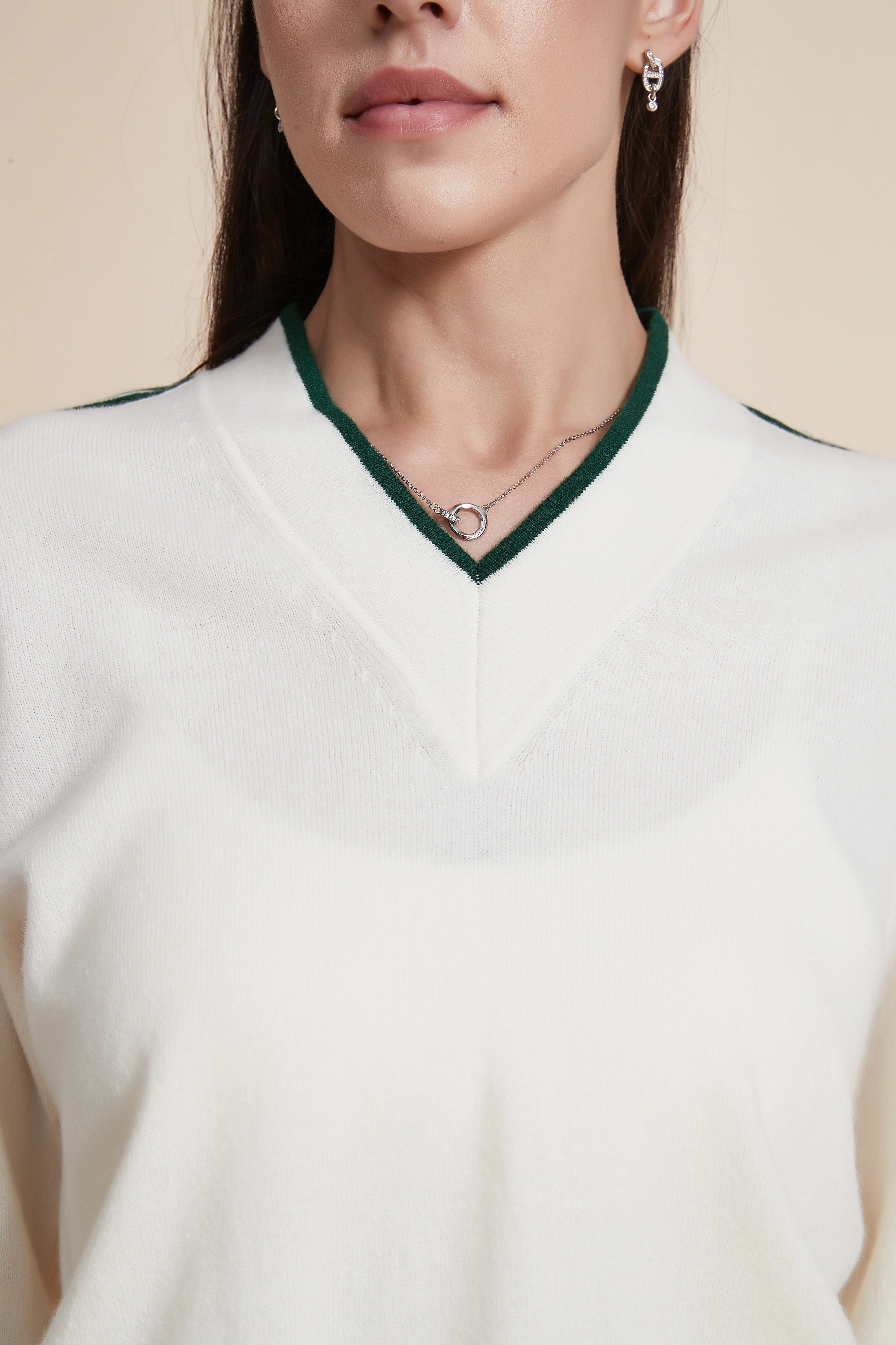 V-Neck Solid Sweater with Stripes on Sleeves - Image 6