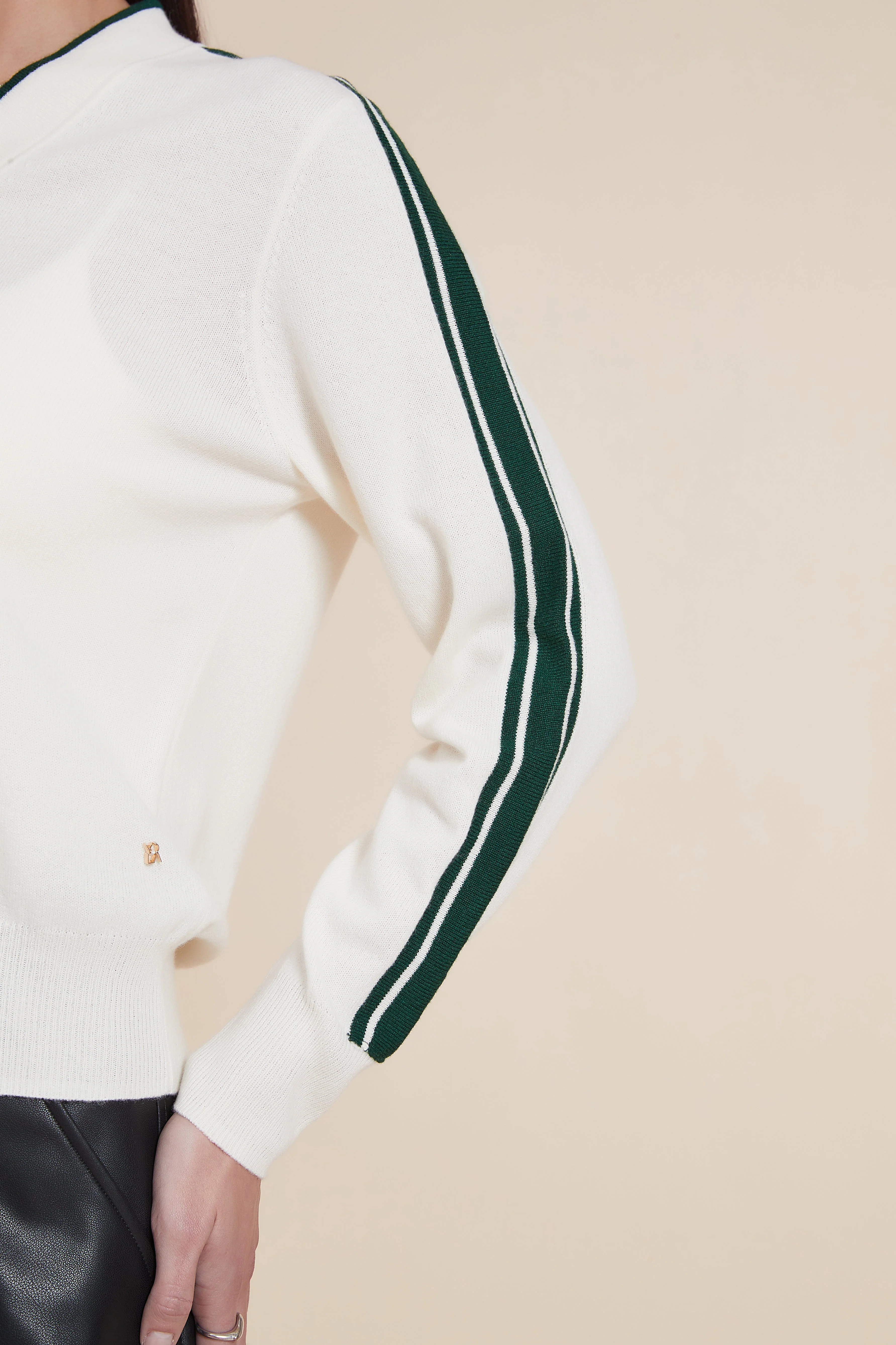 V-Neck Solid Sweater with Stripes on Sleeves - Image 7