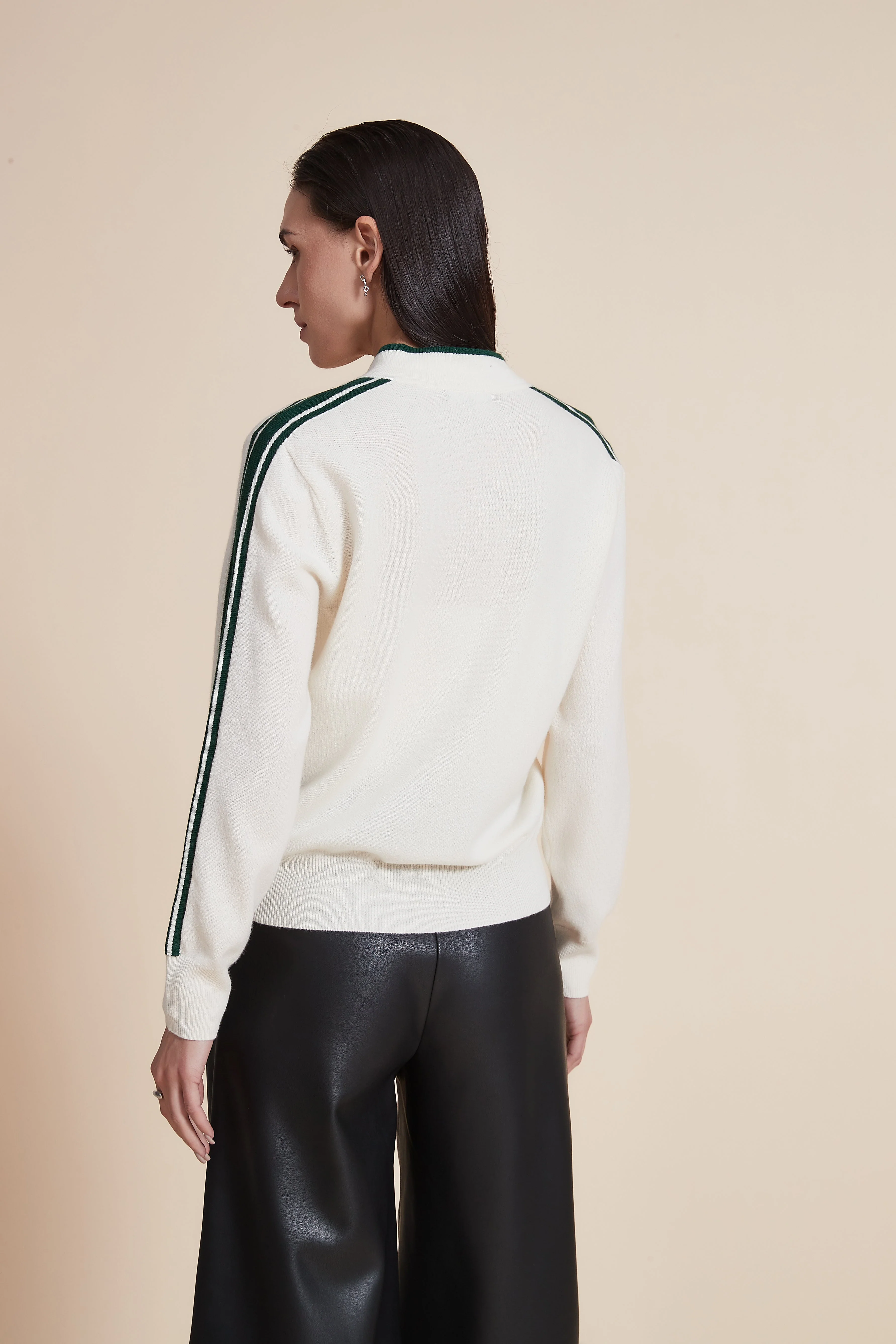 V-Neck Solid Sweater with Stripes on Sleeves - Image 9