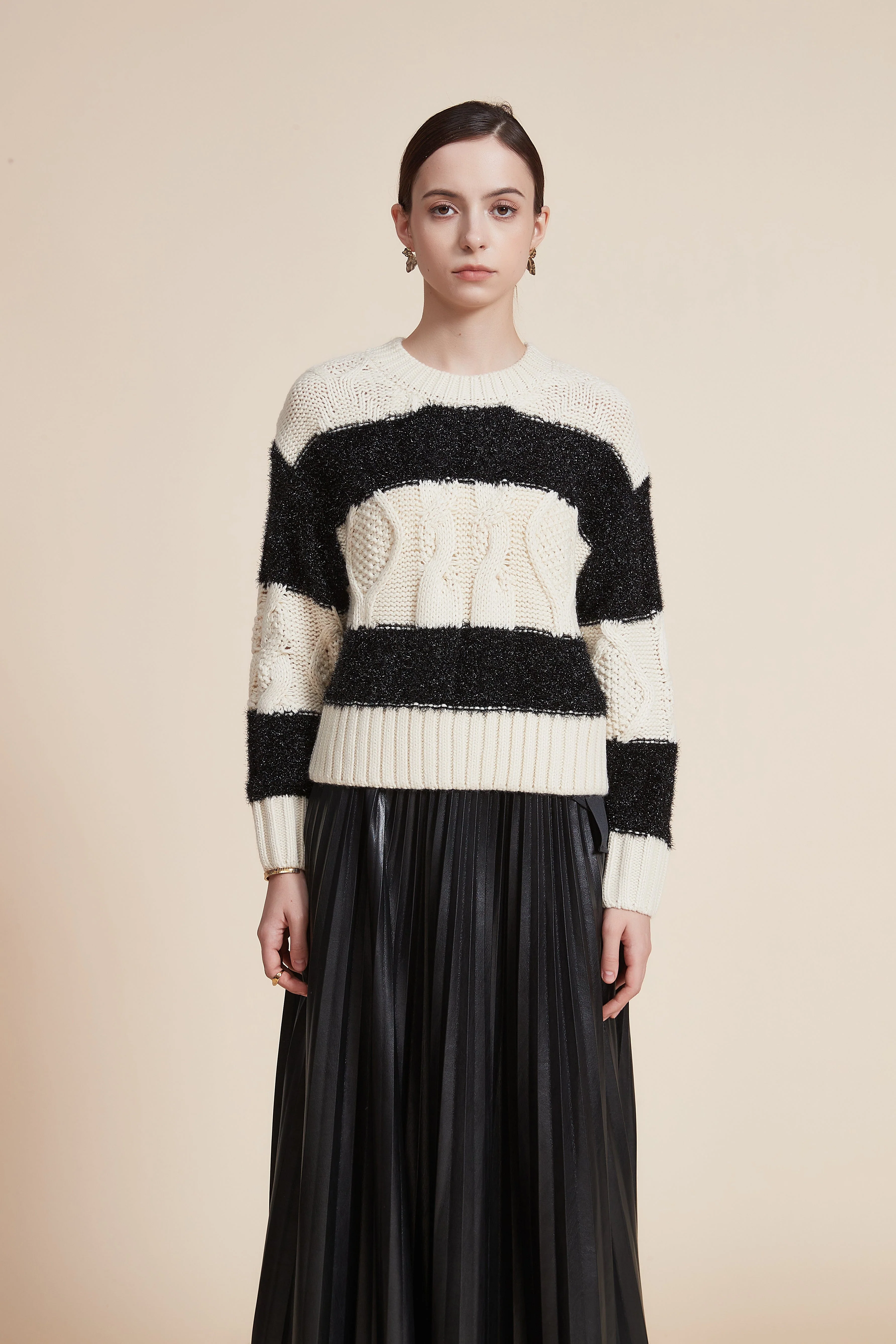 Striped Long Sleeve Loose Blouse with Round Neck - Image 2