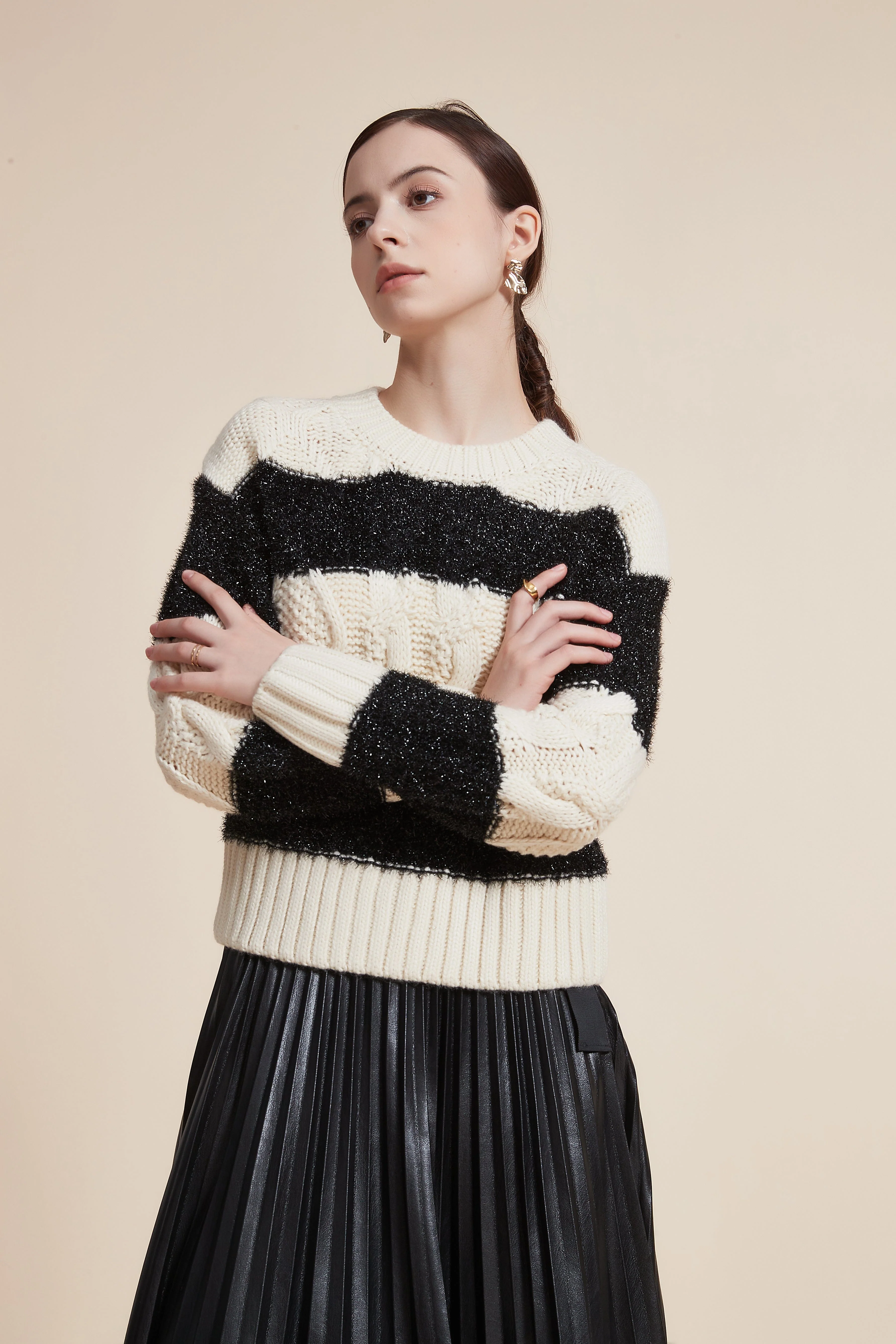 Striped Long Sleeve Loose Blouse with Round Neck - Image 6