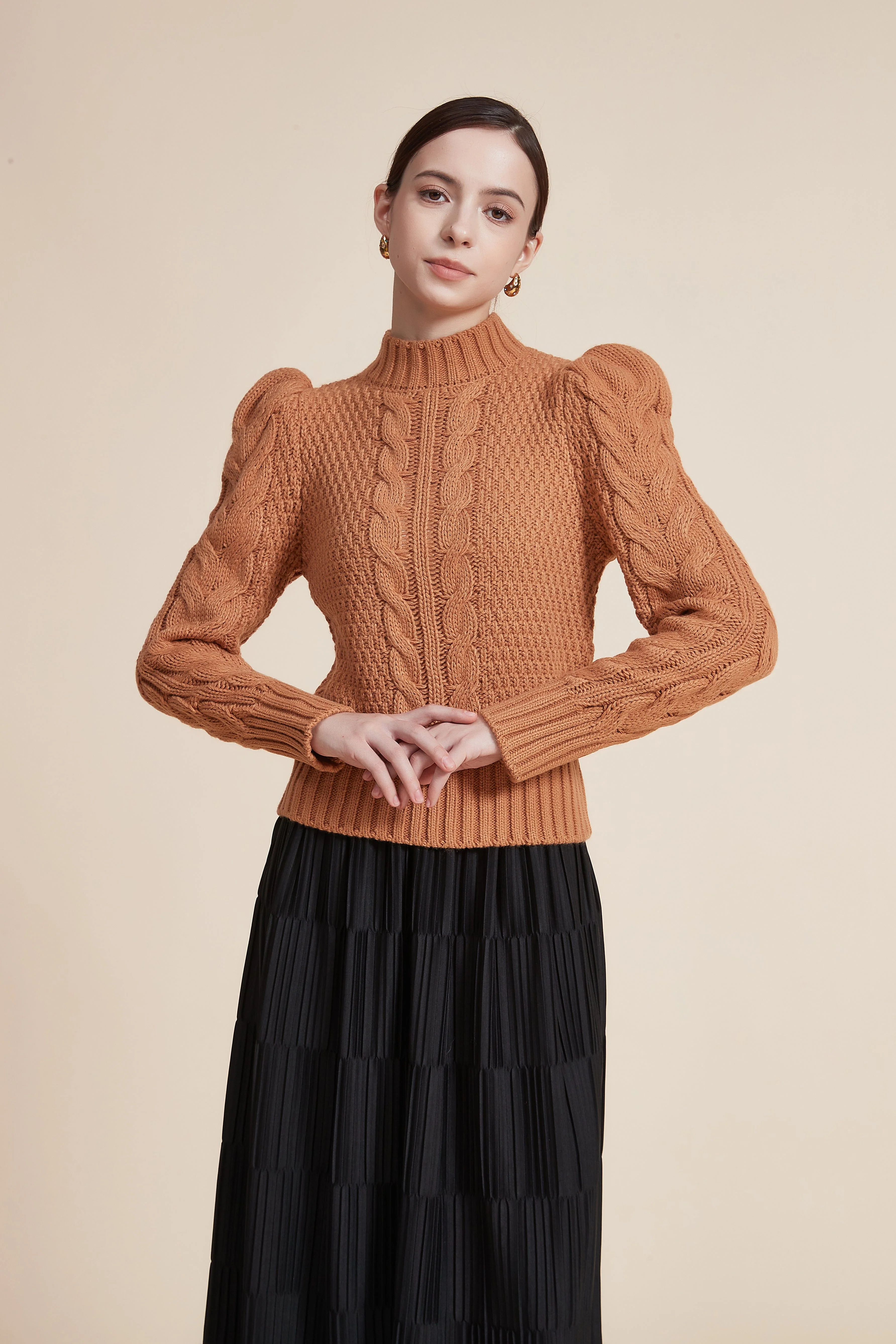 Ribbed Long Sleeve Blouse with High Neck